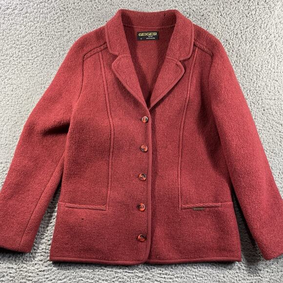 Geiger Tyrol Women’s 46 US 14-16 Red Boiled Wool Button Blazer Jacket Austria - Picture 1 of 14